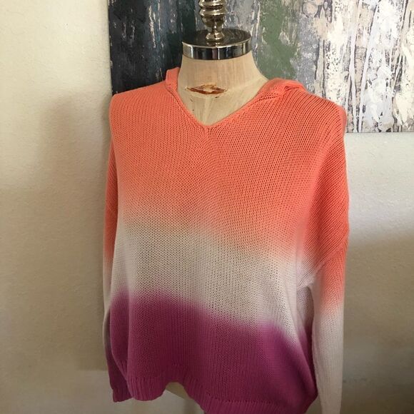 Lou & Grey Ombré Striped Loose Knit Hoodie Sweater Lounge Beach - Picture 1 of 7
